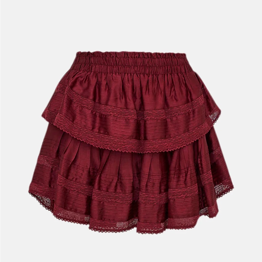 LOVESHACKFANCY RUFFLE MINI TIERED SKIRT OXBLOOD. Size XL. MSRP 275 - Picture 1 of 15